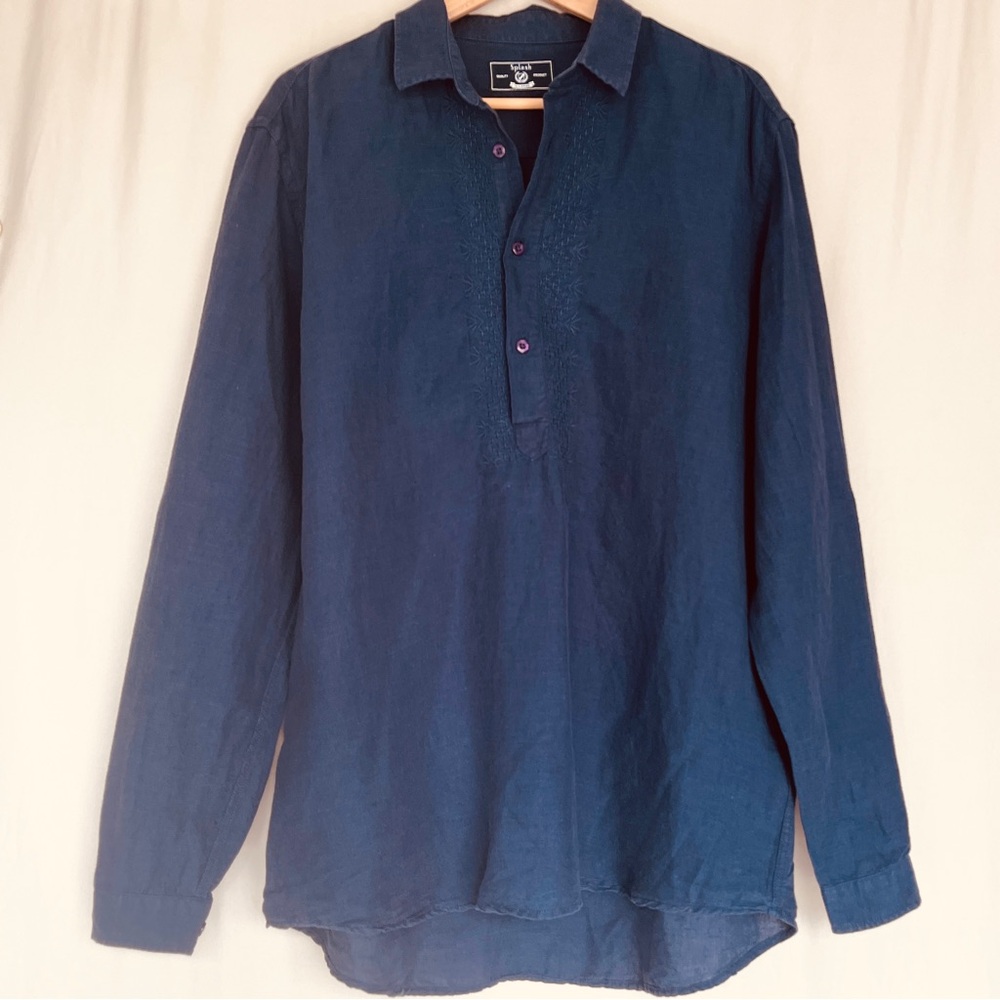 Splash Linen Cotton Popover Shirt Navy Embroidered Panel XL